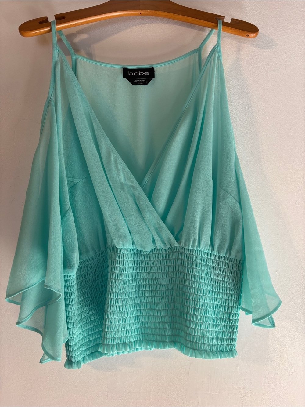 bebe Mint Chiffon Smocked Waist V-Neck Cami Top